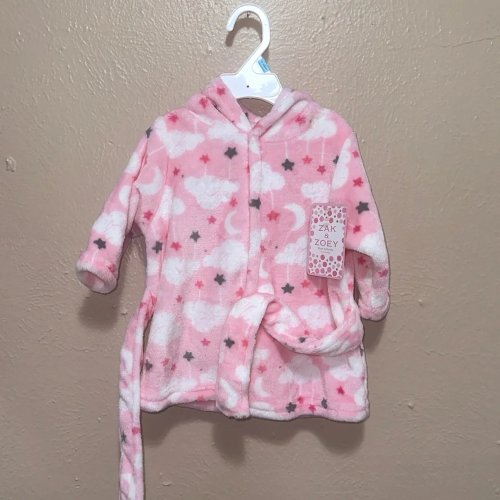 Zak & Zoey Toddler Girl Plush Bathrobe 0-9 Months Pink and white with Clouds